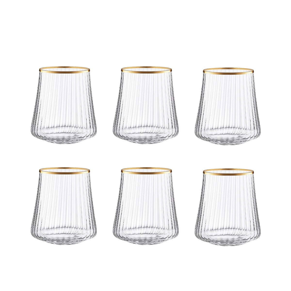 Set of six clear glass tumblers with gold rims on a white background